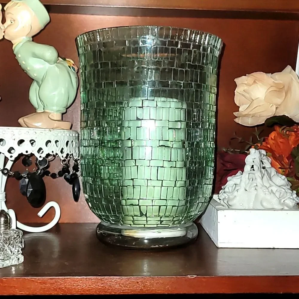 Mosaic Pale Sea Green Blue Clear Glass Pedestal Decor Candle Holder Set